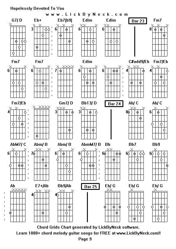 Chord Grids Chart of chord melody fingerstyle guitar song-Hopelessly Devoted To You,generated by LickByNeck software.